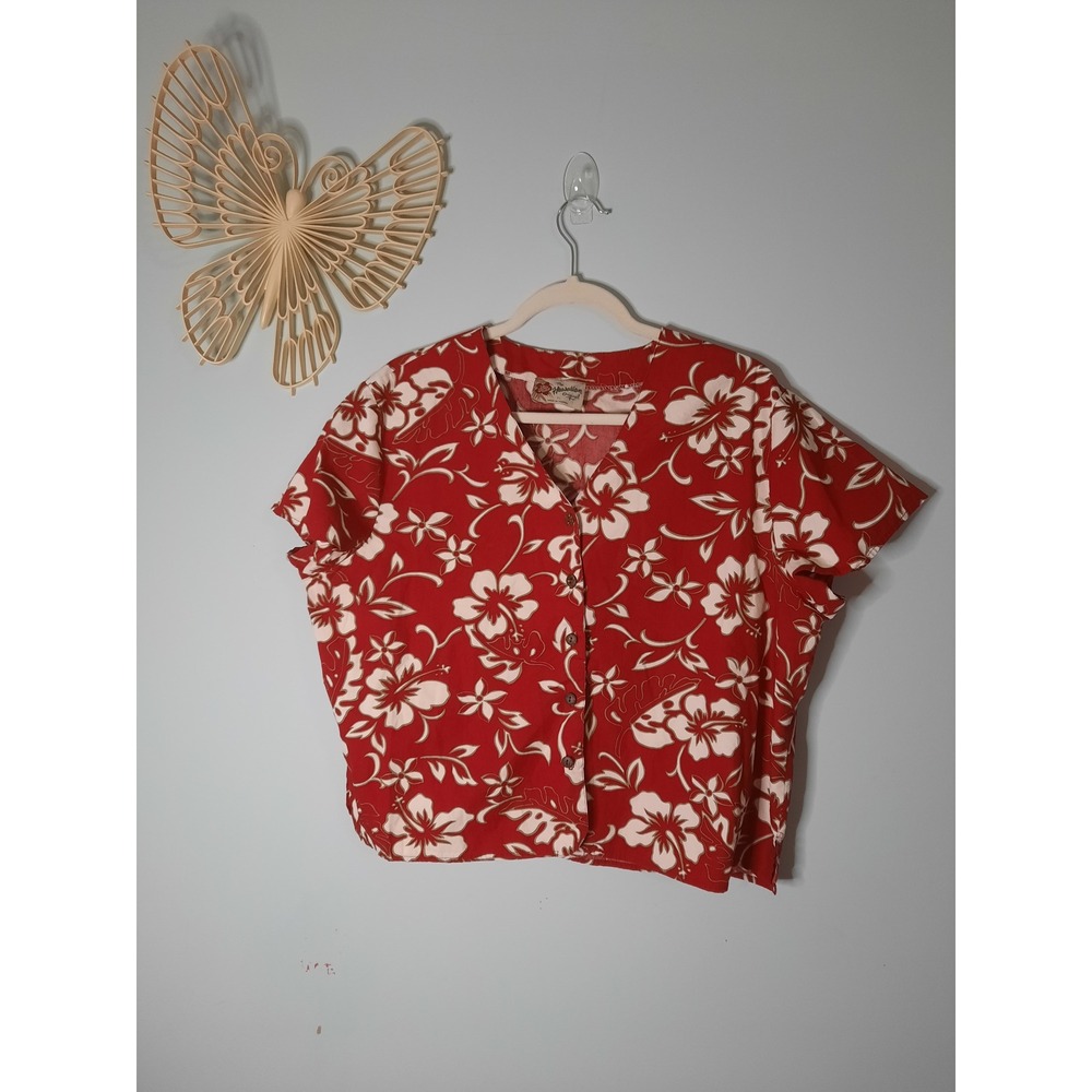 The Hawaiian Original Red Hibiscus Floral Aloha Shirt Cotton XL Made in Hawaii